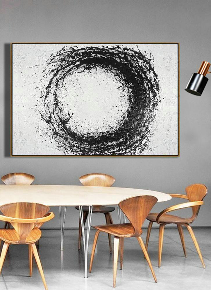 Artwork For Sale,Oversized Horizontal Minimalist Drip Painting On Canvas, Black And White - Textured Painting Canvas Art